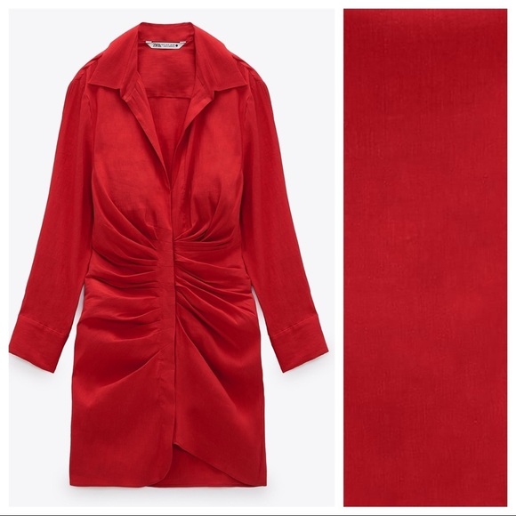 NWT. Zara Red Draped Linen Blend Mini V-neckline Dress. Size L. - Picture 3 of 7